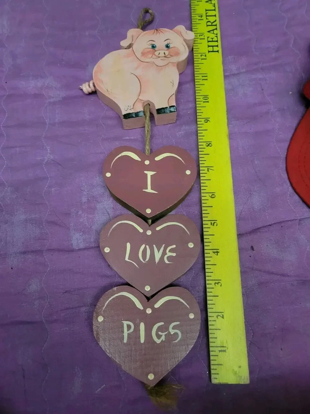Grandma-core Cottage Wooden Pig I Love Pigs Hearts Strings